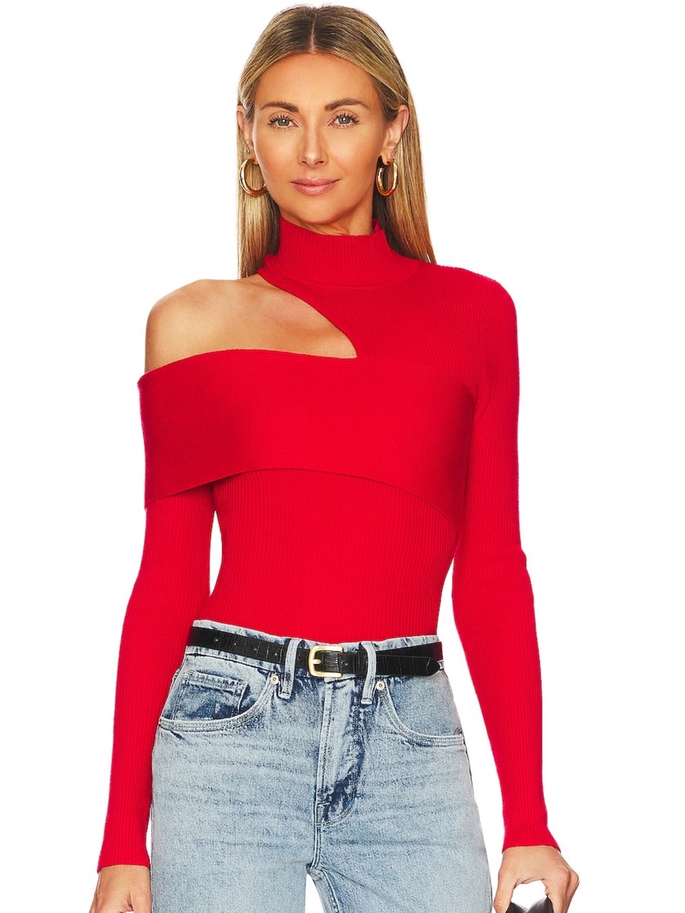 Kiera sweater NBD Asymmetric One-Shoulder Red Ribbed Turtleneck Sweater